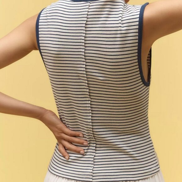 NWT Anthropologie Pilcro V-Neck Sleeveless Ruched Tee Striped Navy Tank Top XL - Picture 2 of 4